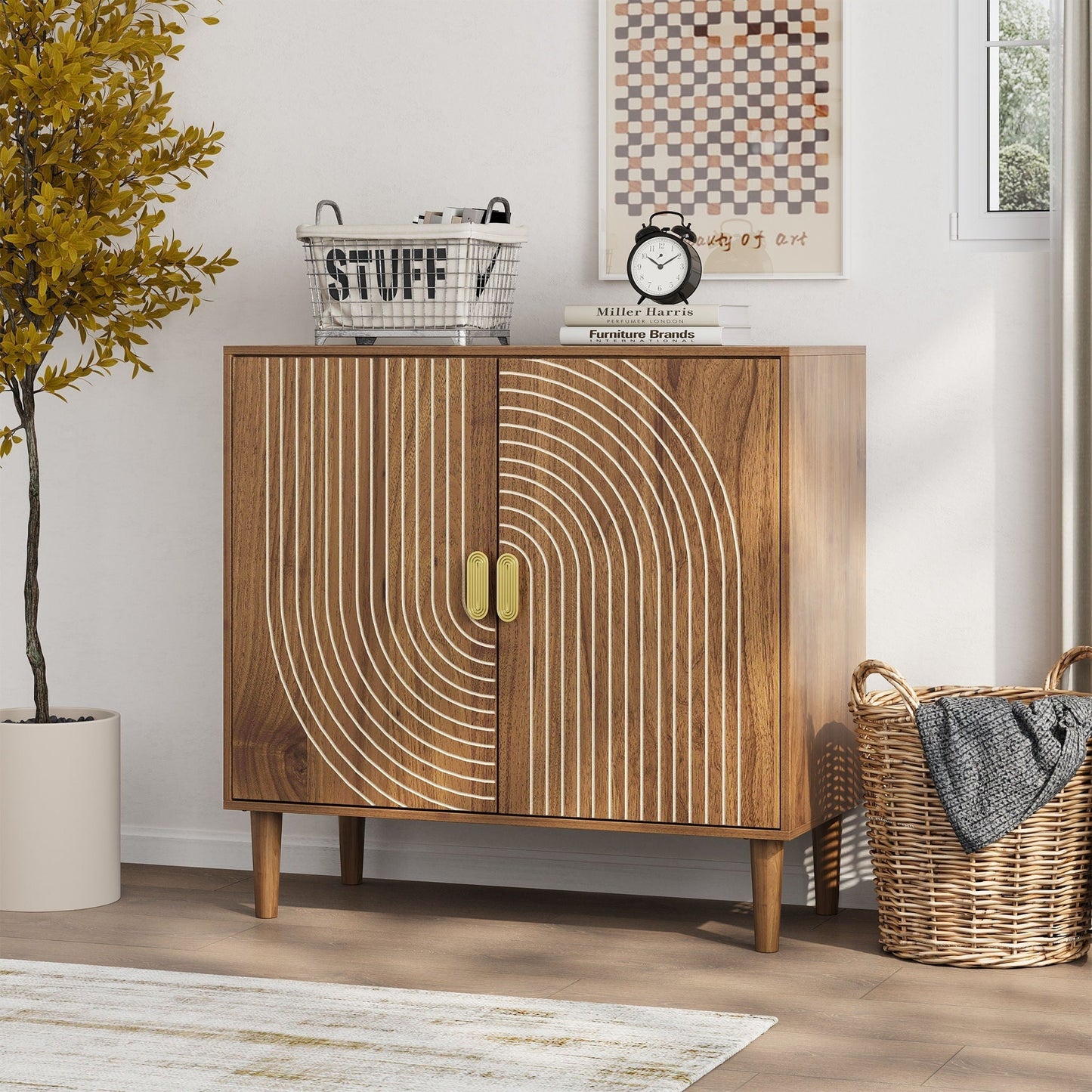 Buffet sideboard in brown wood with line groove doors and gold handles, topped by clock on Tampa Home & Garden Store