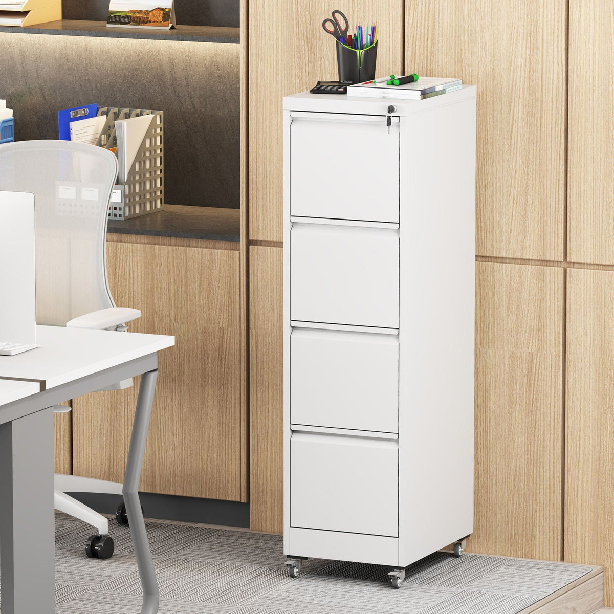 HouseOfZazla white metal vertical filing cabinet with locking drawers and caster wheels on Tampa Home & Garden Store