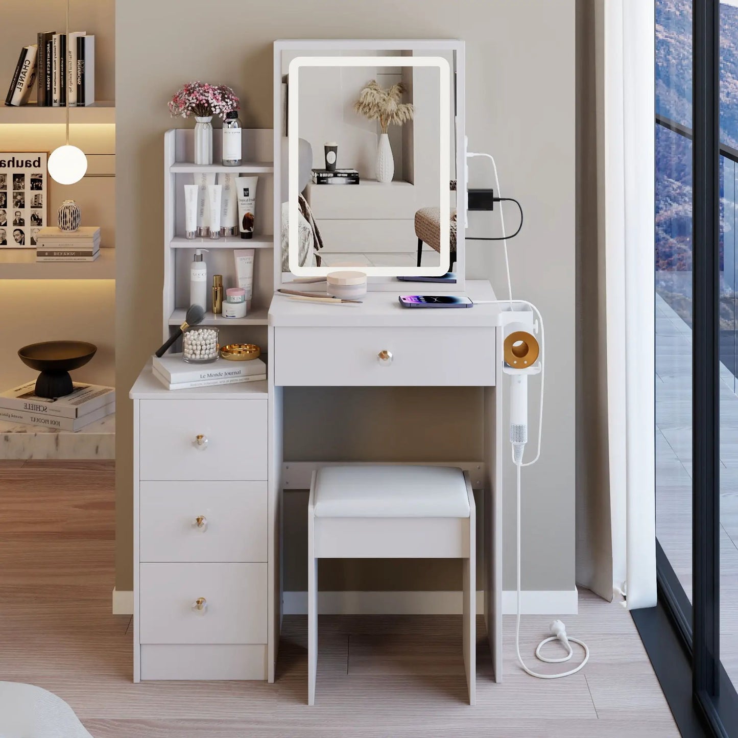 White cabinet vanity table with cushioned stool, USB power station and hair dryer bracket on Tampa Home & Garden Store