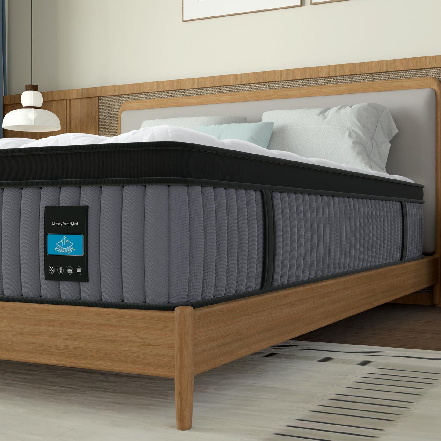 14-inch King Hybrid Mattress memory foam and pocket spring bed on a light wood frame on Tampa Home & Garden Store