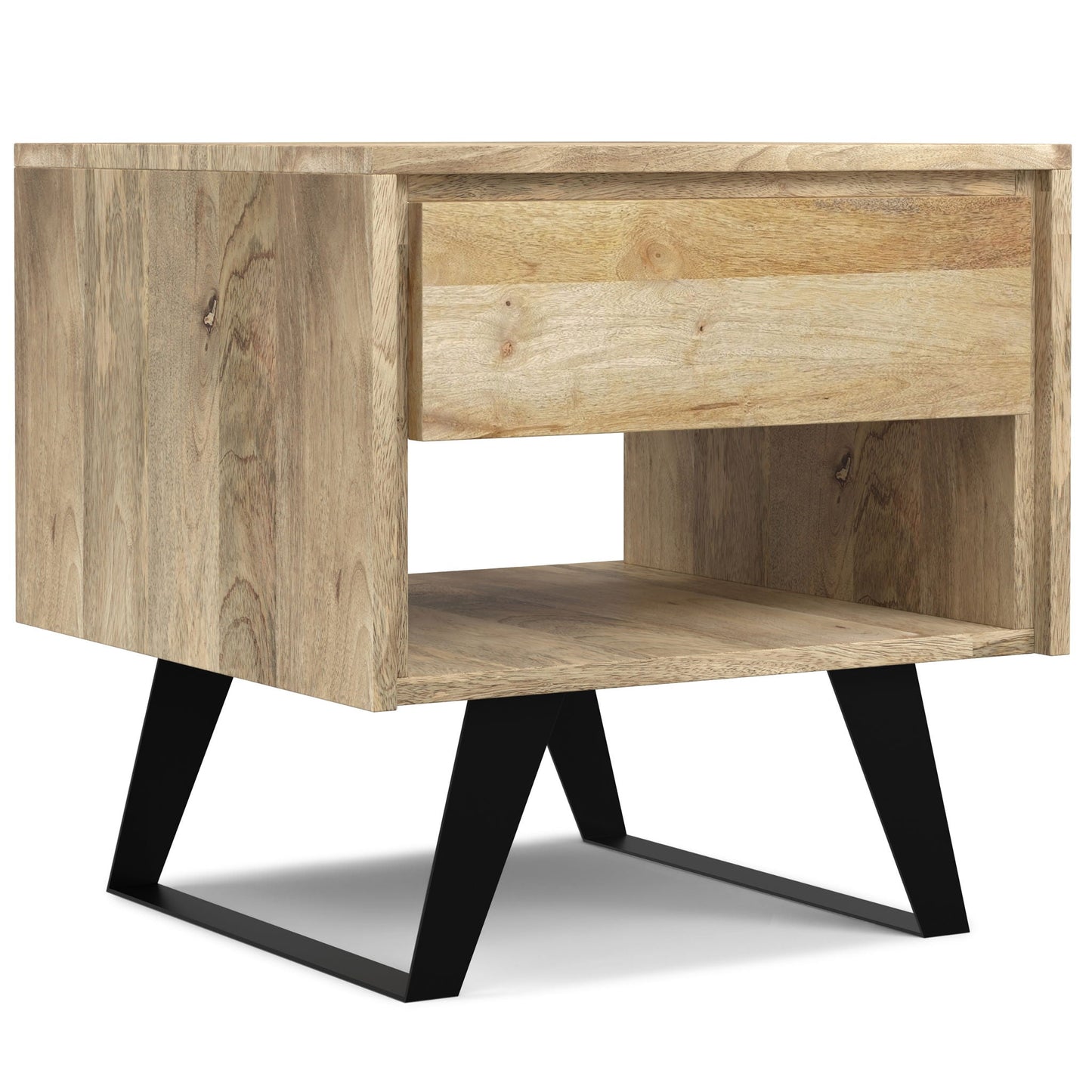 Lowry Handcrafted End Table with Acacia Drawer natural acacia wood black metal legs on Tampa Home & Garden Store