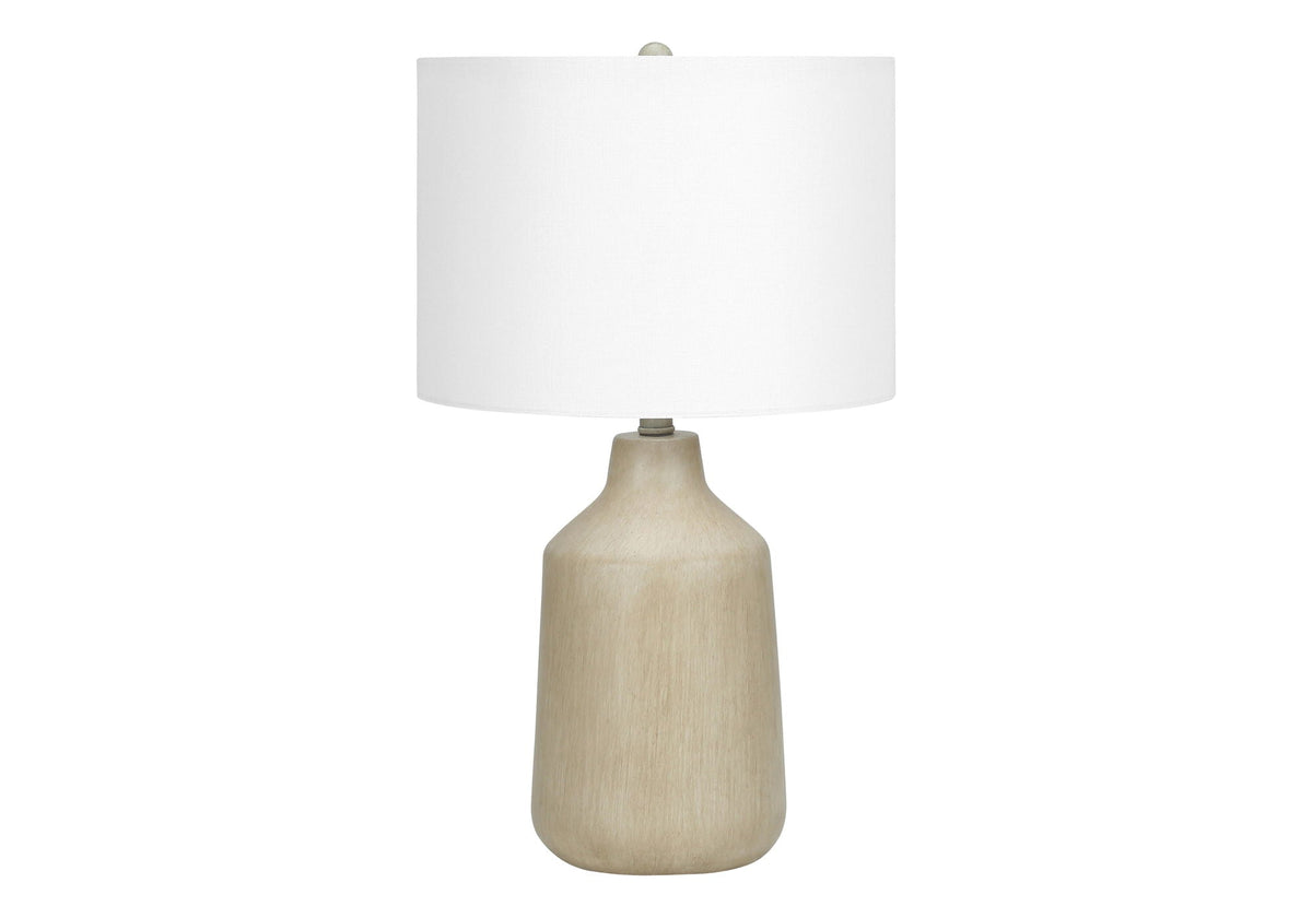 Lighting table lamp with a natural wooden base and white fabric shade on Tampa Home & Garden Store