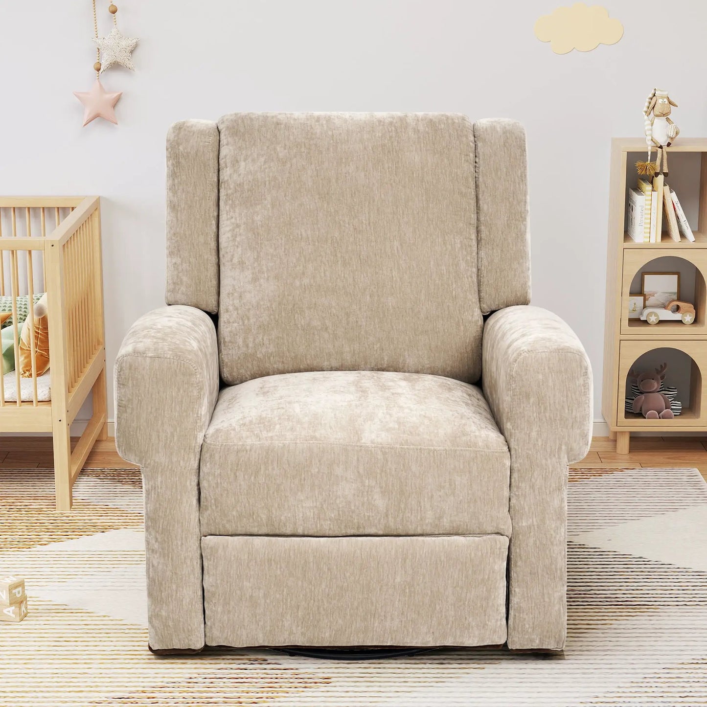 Manual recliner chair with swivel rocker function in beige plush upholstery on Tampa Home & Garden Store