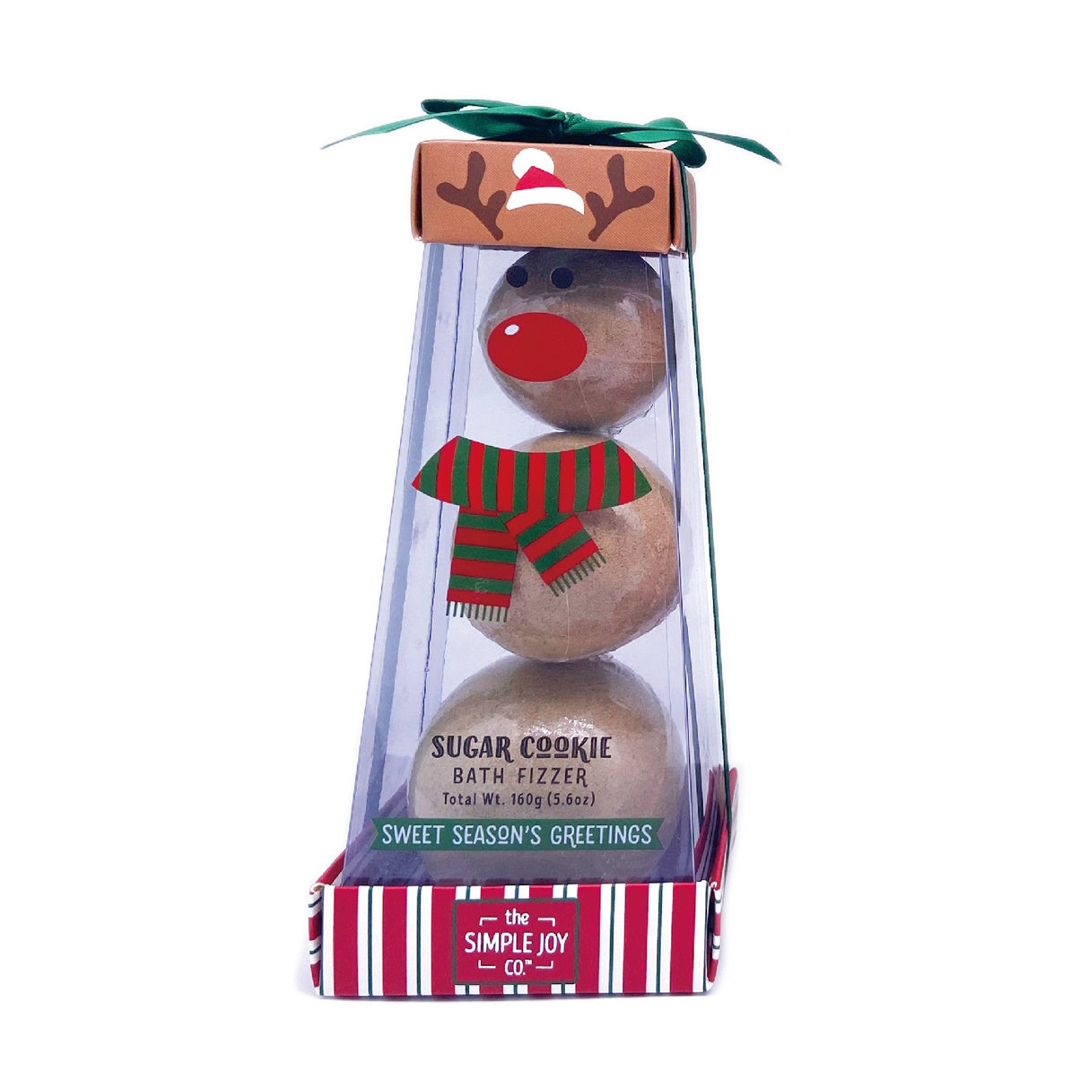 Reindeer Sugar Cookie Bath Fizzers Trio gift set in clear packaging with red nose and scarf on Tampa Home & Garden Store
