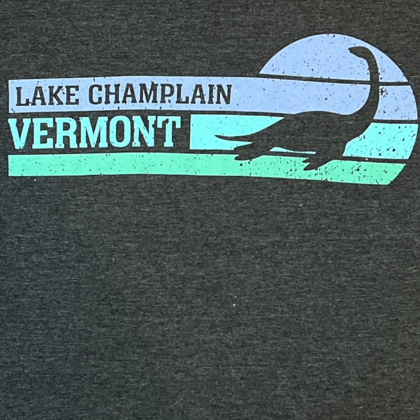 Vermont Champ T‑Shirt grey with Lake Champlain legend graphic in teal accents on Tampa Home & Garden Store