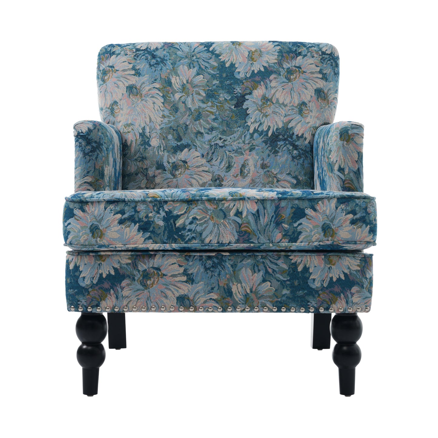 Harrison Tufted Club Chair blue floral upholstery with nailhead trim and dark turned legs on Tampa Home & Garden Store