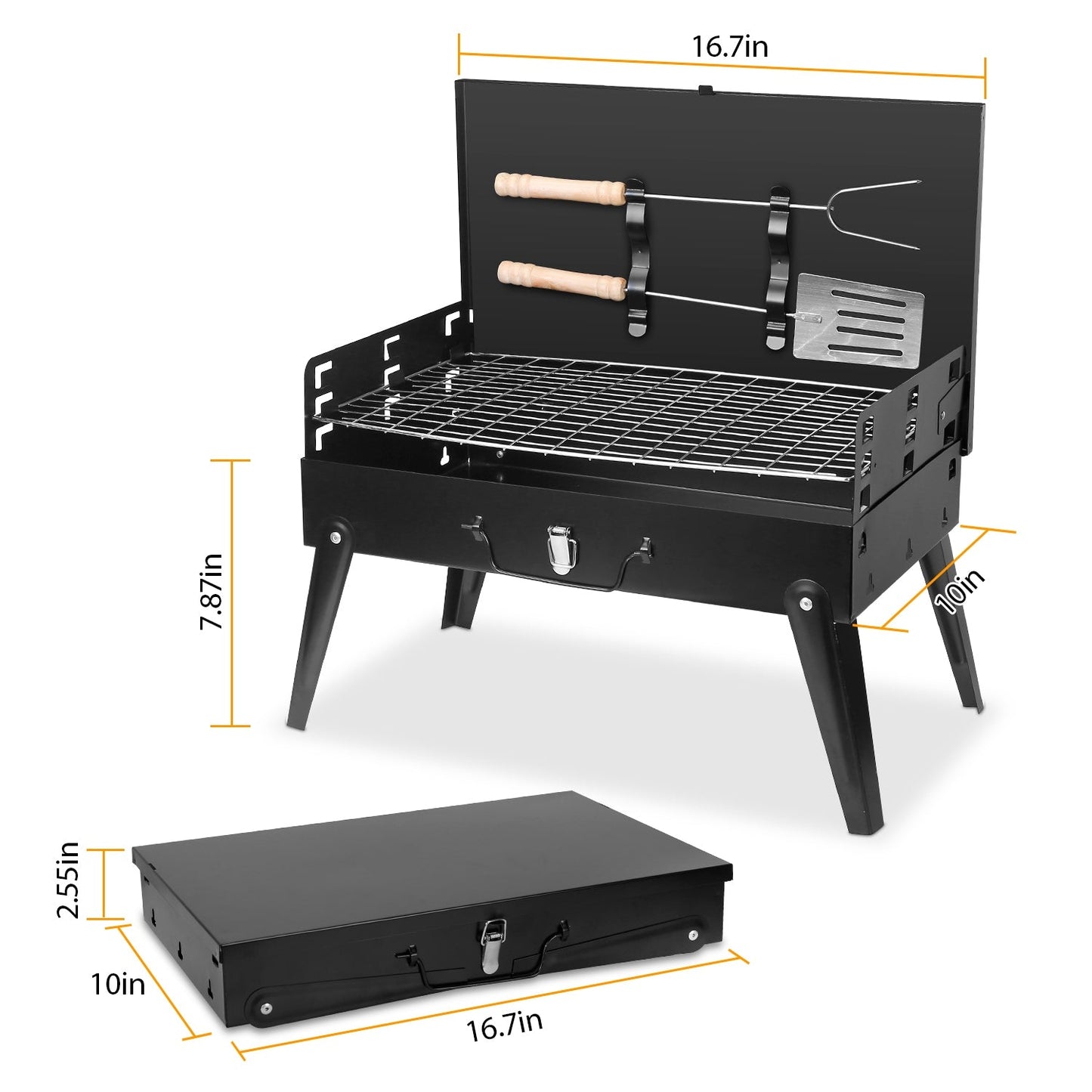 GemGear portable charcoal grill, foldable suitcase design with black steel body and grill tools on Tampa Home & Garden Store