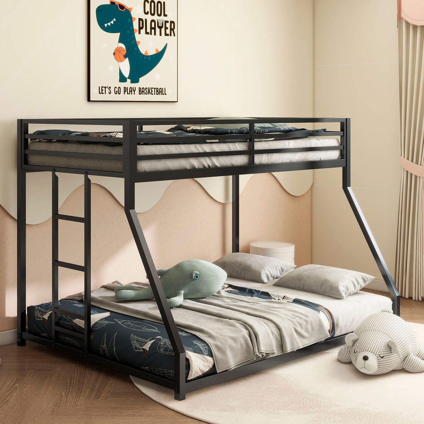 Adam bunk bed with dark metal frame, two levels and gray bedding on Tampa Home & Garden Store