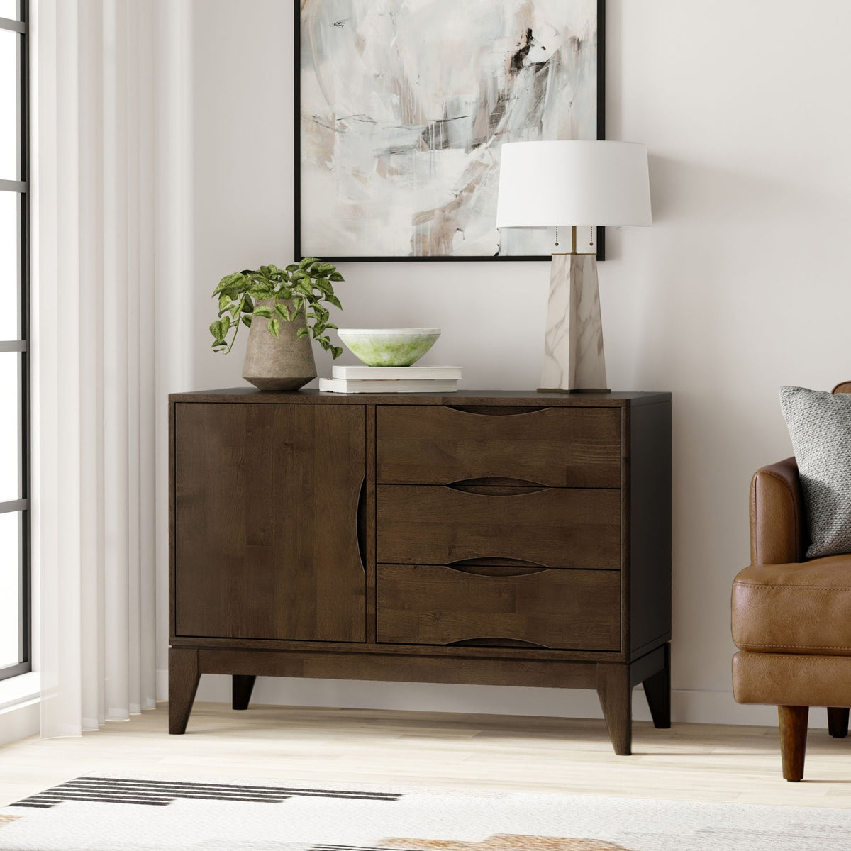 Walnut brown 3-drawer sideboard by HouseOfZazla with storage drawers in a modern living room on Tampa Home & Garden Store