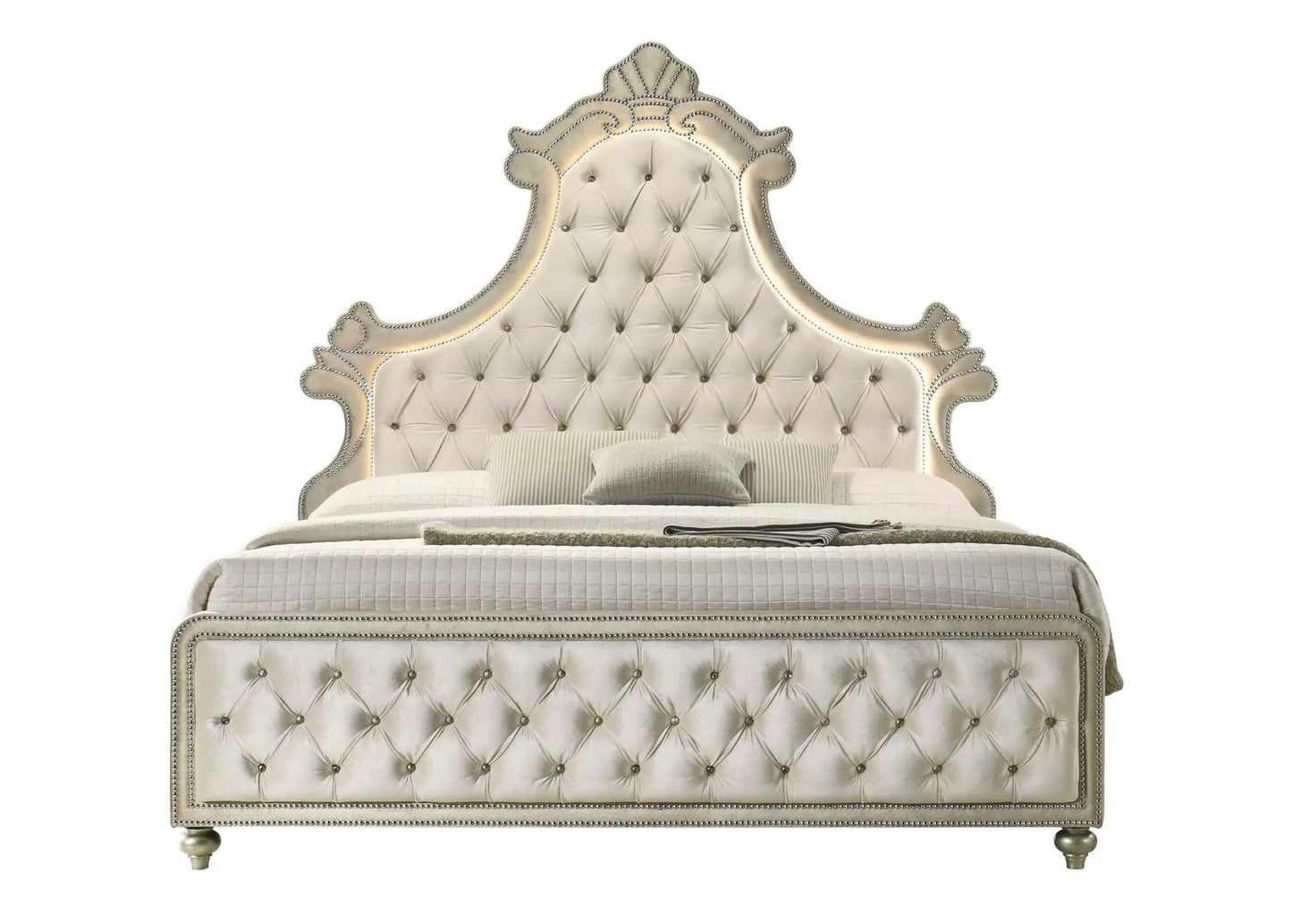 Lucienne upholstered bed with LED lighting, cream tufted headboard, nailhead trim on Tampa Home & Garden Store