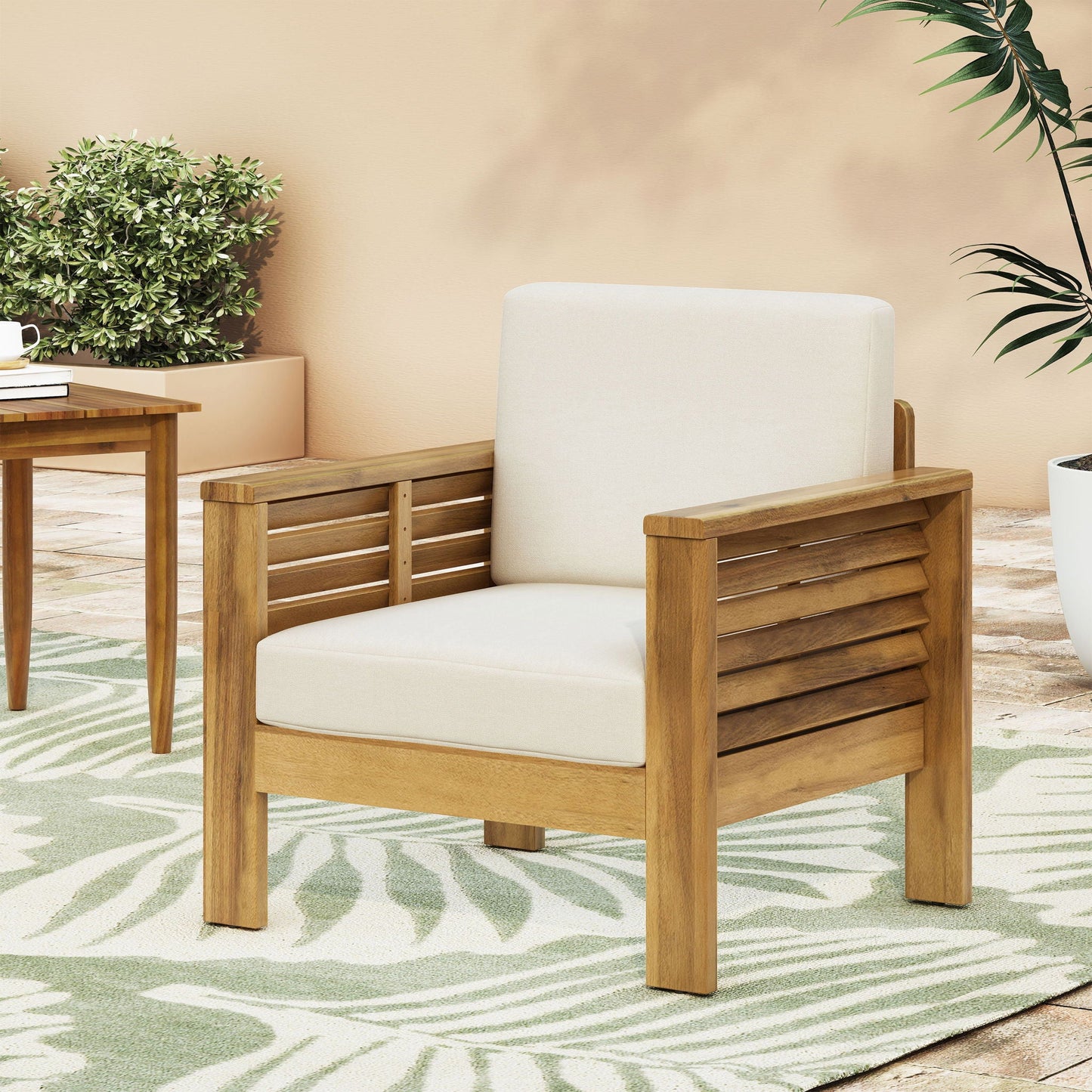 Slat Design Club Chairs with Cushions by HouseOfZazla, beige cushions, wooden frames on Tampa Home & Garden Store
