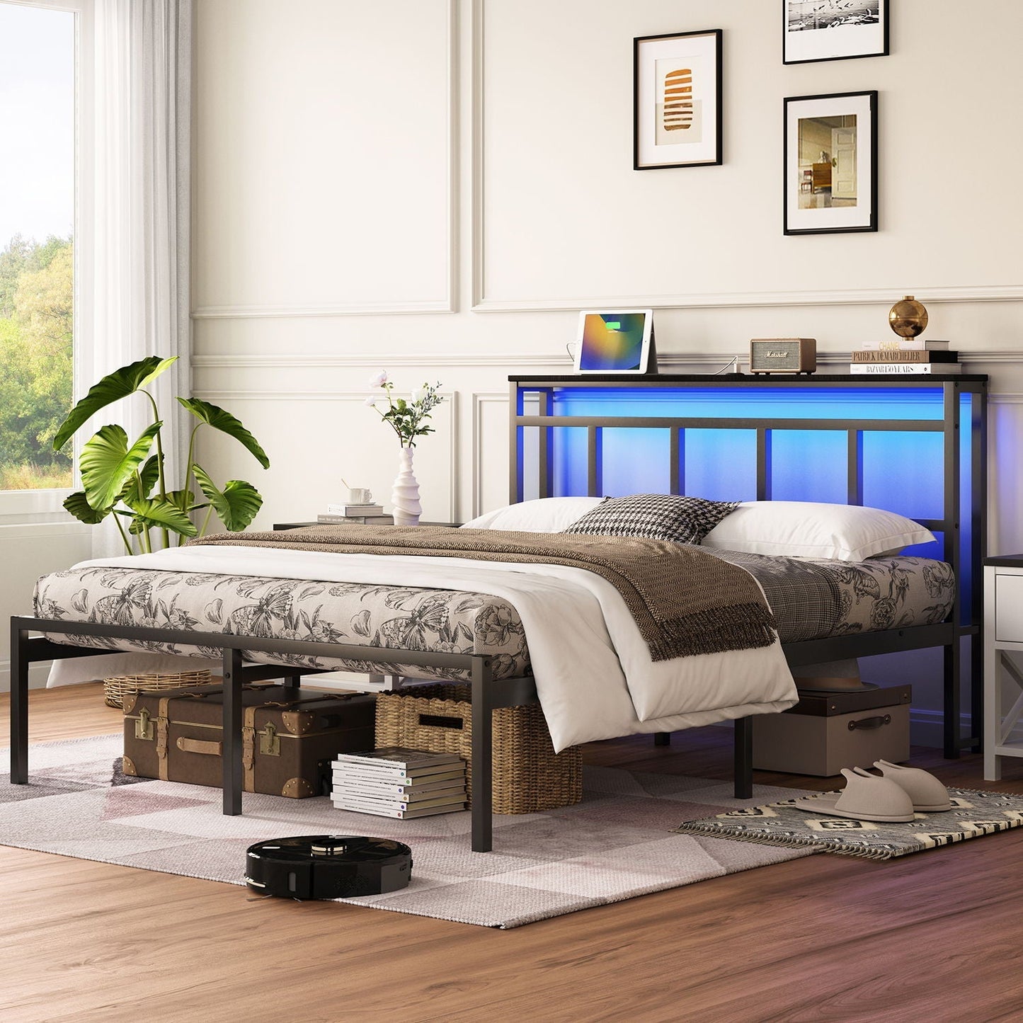 Bed Frame with Storage Headboard and Led Light