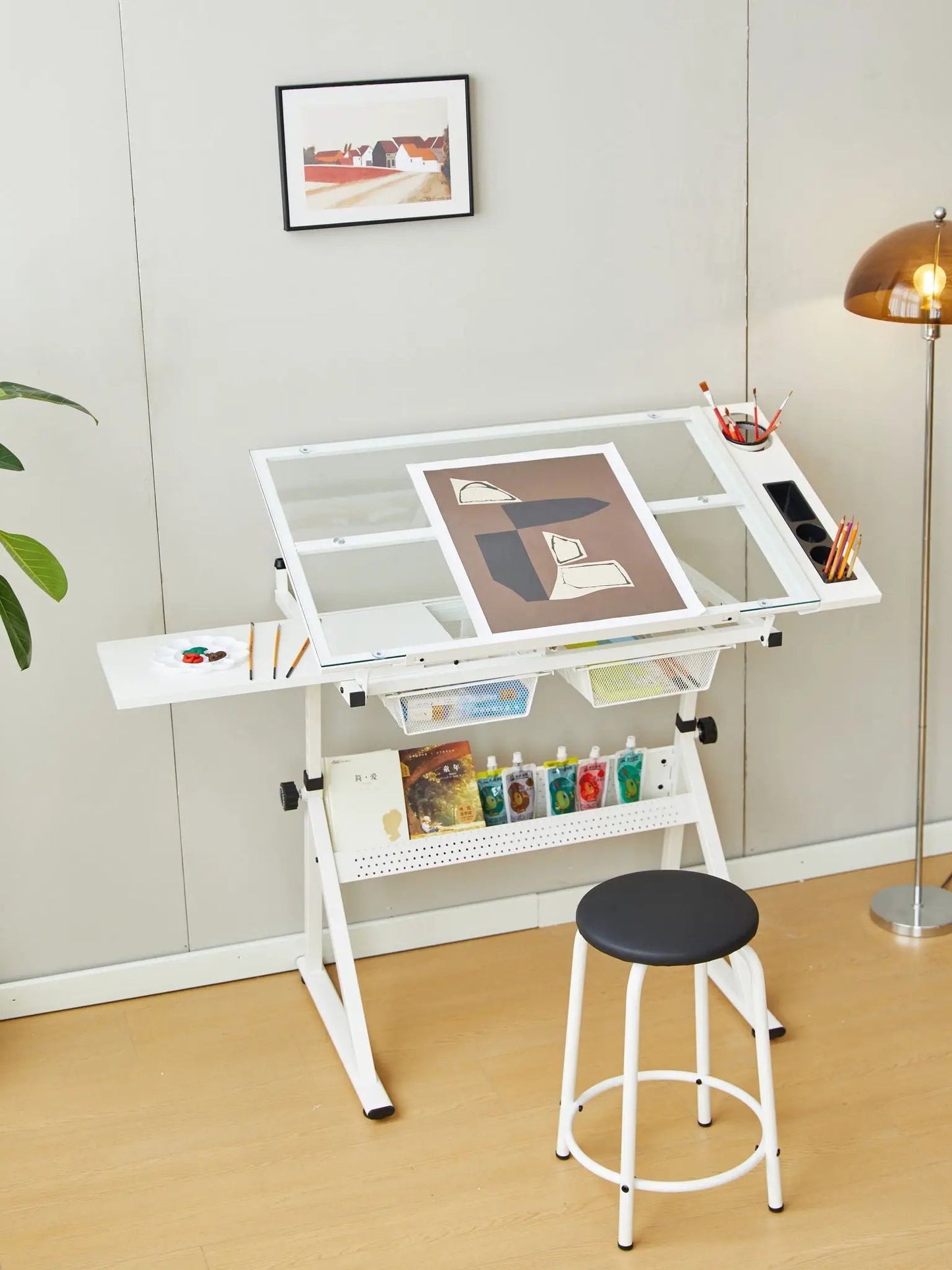 Adjustable Glass Drafting Table with Chair