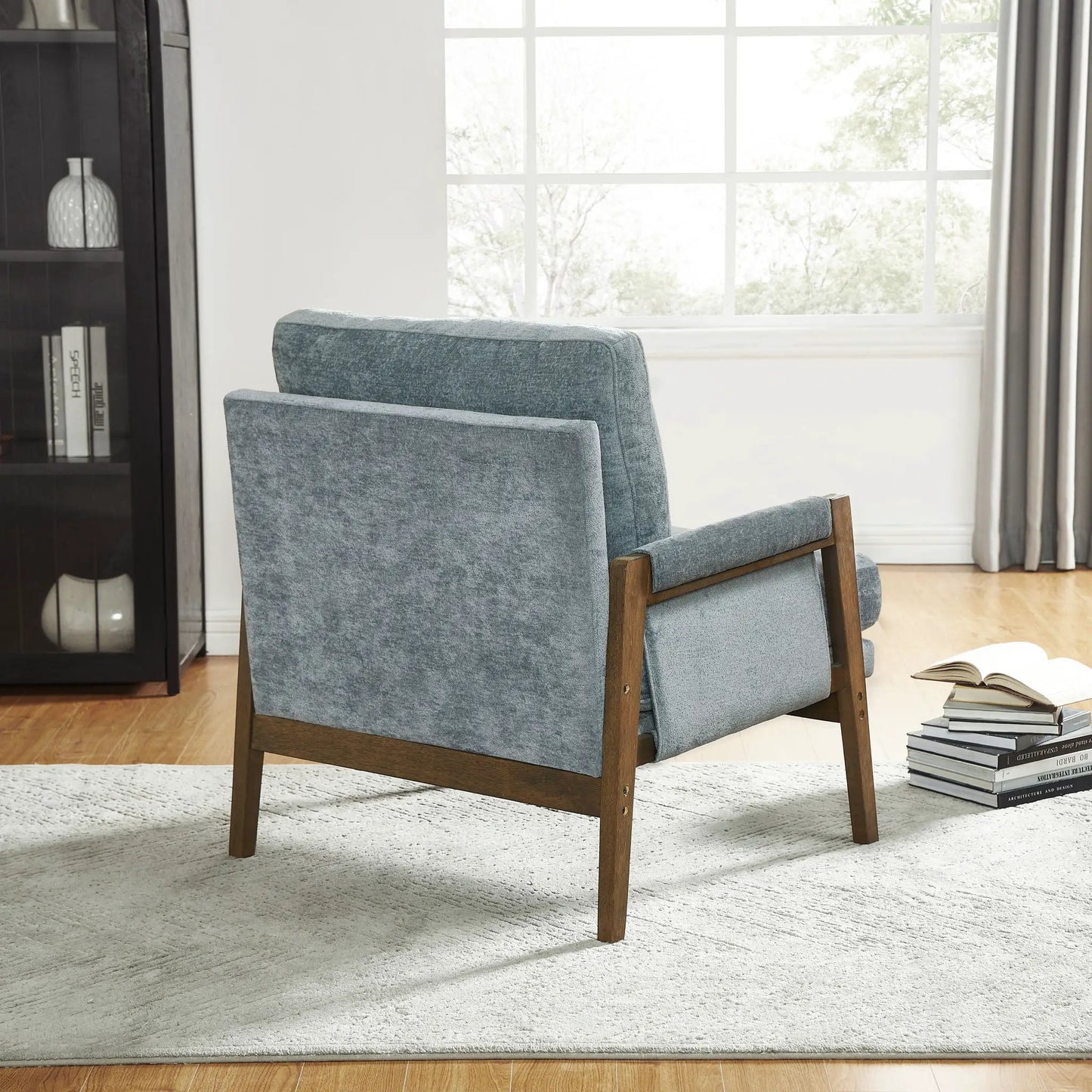 Kelly blue velvet mid-century modern armchair with wood legs on Tampa Home & Garden Store
