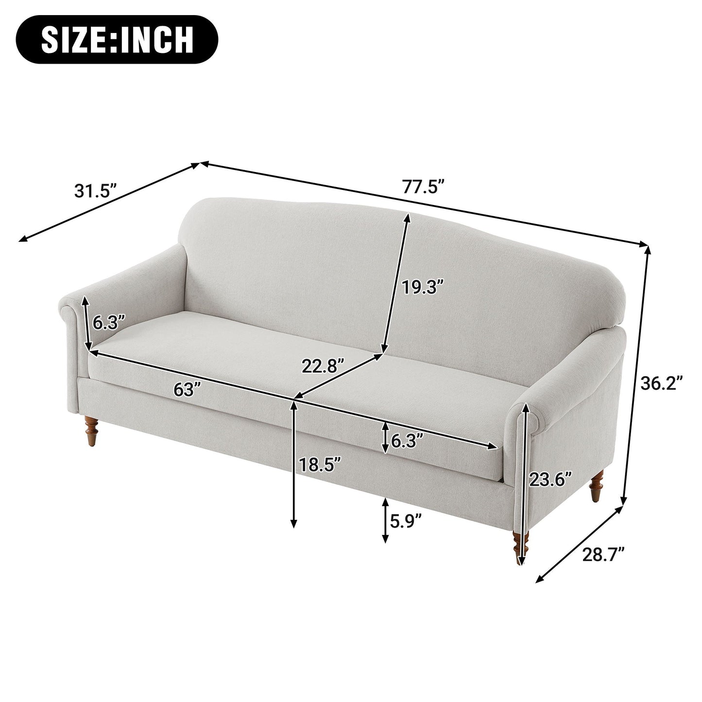 Loveseat sofa 2 seater with rolled arms in light beige fabric by HouseOfZazla, stationary on Tampa Home & Garden Store