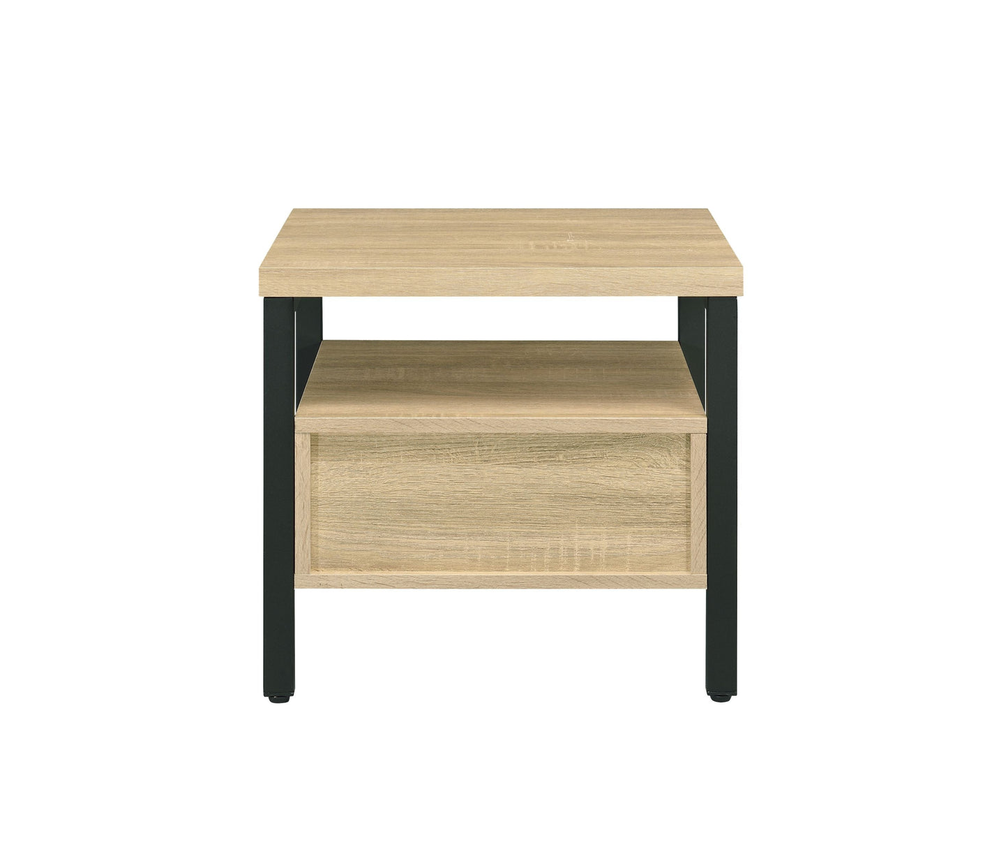 Oak finish nightstand with 1 drawer and 1 open shelf on black metal legs on Tampa Home & Garden Store