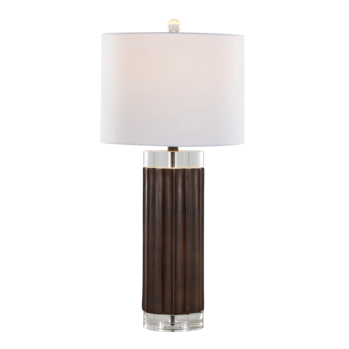 Cylinder Fluted Table Lamp Set of 2 with brown base, clear glass ring, white shade on Tampa Home & Garden Store