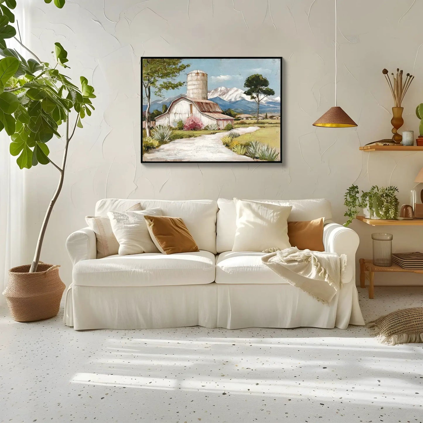 Framed canvas wall art field barn scene with mountains in blue and pink on Tampa Home & Garden Store