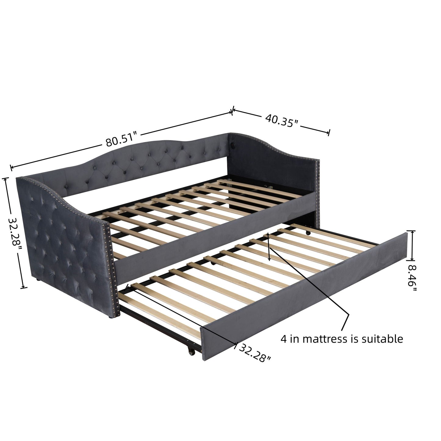 Twin size upholstered daybed with gray fabric and tufted headboard, trundle HouseOfZazla on Tampa Home & Garden Store