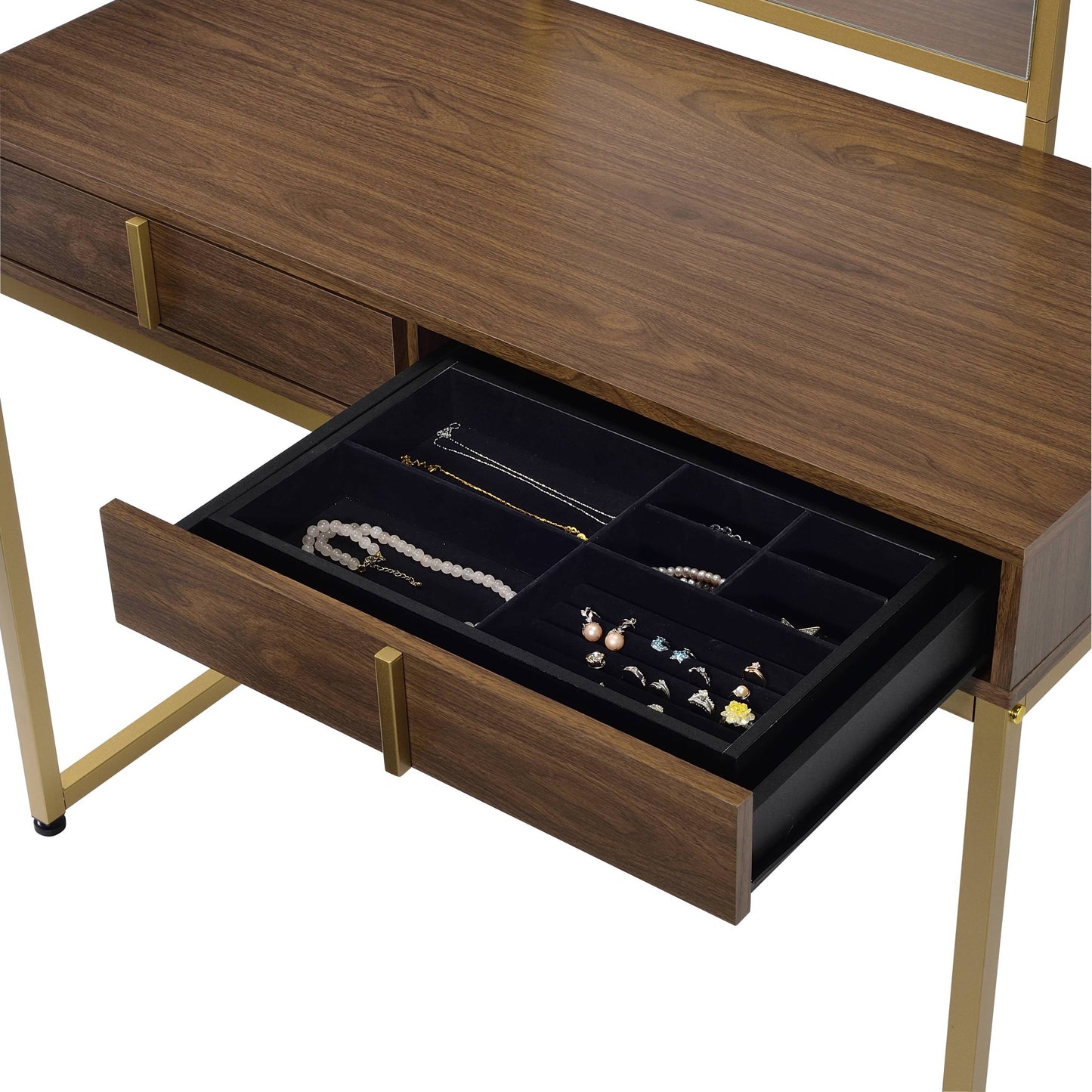 Walnut and gold vanity desk with mirror and jewelry-tray drawers by HouseOfZazla on Tampa Home & Garden Store