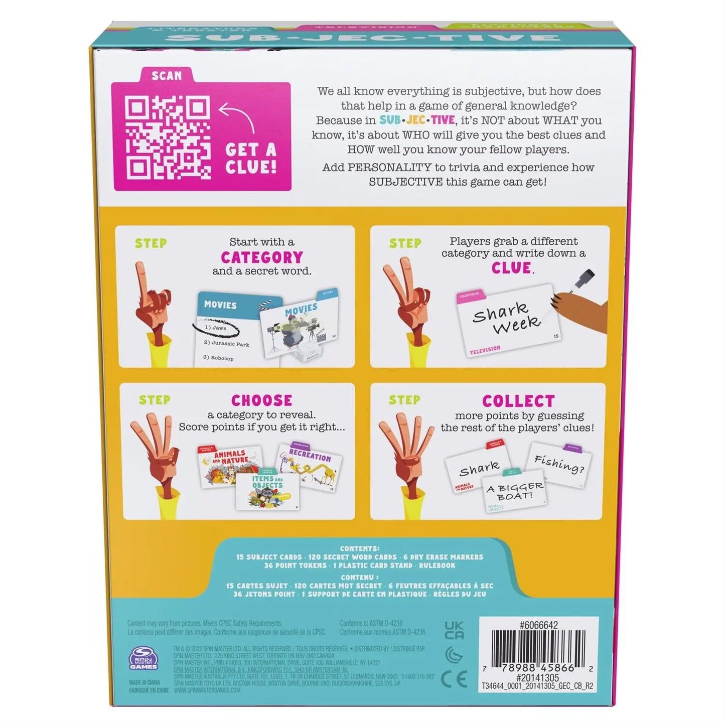 Subjective personality trivia game box back with QR code and clue steps on Tampa Home & Garden Store