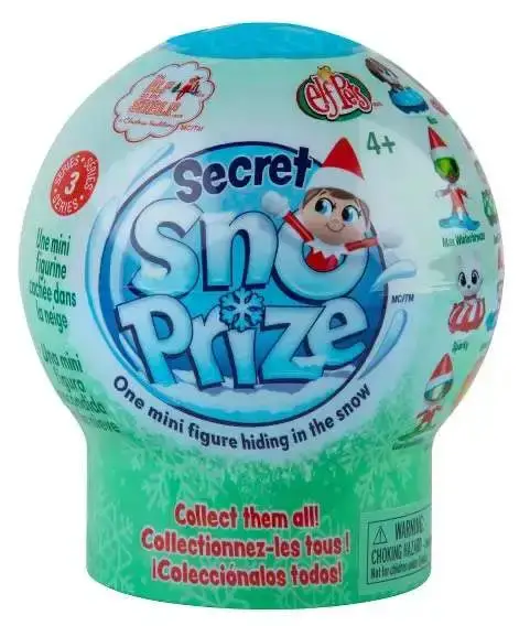 Elf on the Shelf Secret SnoPrize ball with blue snow graphics and cartoon elf, mini figure hidden in snow on Tampa Home & Garden Store