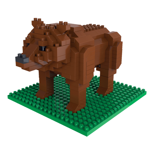 Mini Building Blocks Grizzly Bear construction set in brown bricks on a green baseplate for kids on Tampa Home & Garden Store