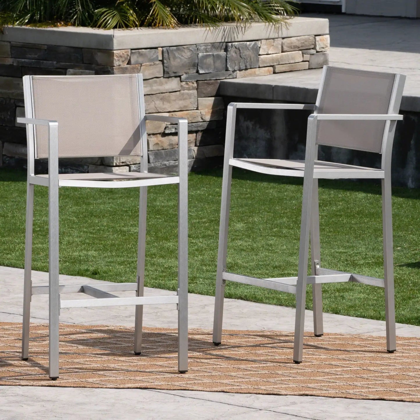 Outdoor rustproof aluminum bar stools set of 2 with silver frame HouseOfZazla on Tampa Home & Garden Store