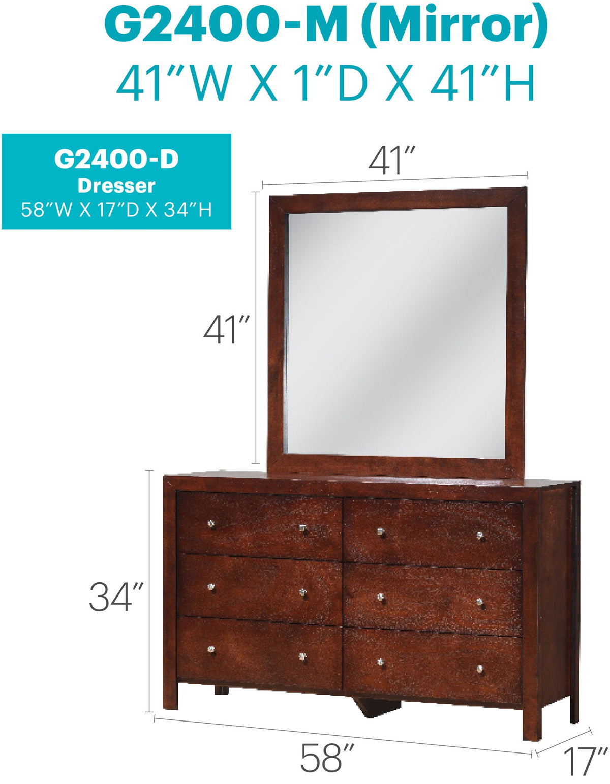 Cherry Dresser with Real Wood Veneer Summit by HouseOfZazla with mirror 58W x 17D x 34H on Tampa Home & Garden Store