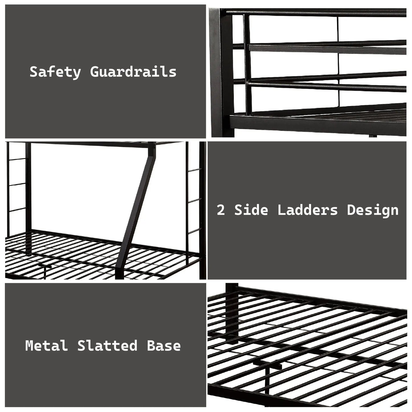 Limbra double bunk bed in black metal with safety guardrails and 2 side ladders, metal slatted base on Tampa Home & Garden Store