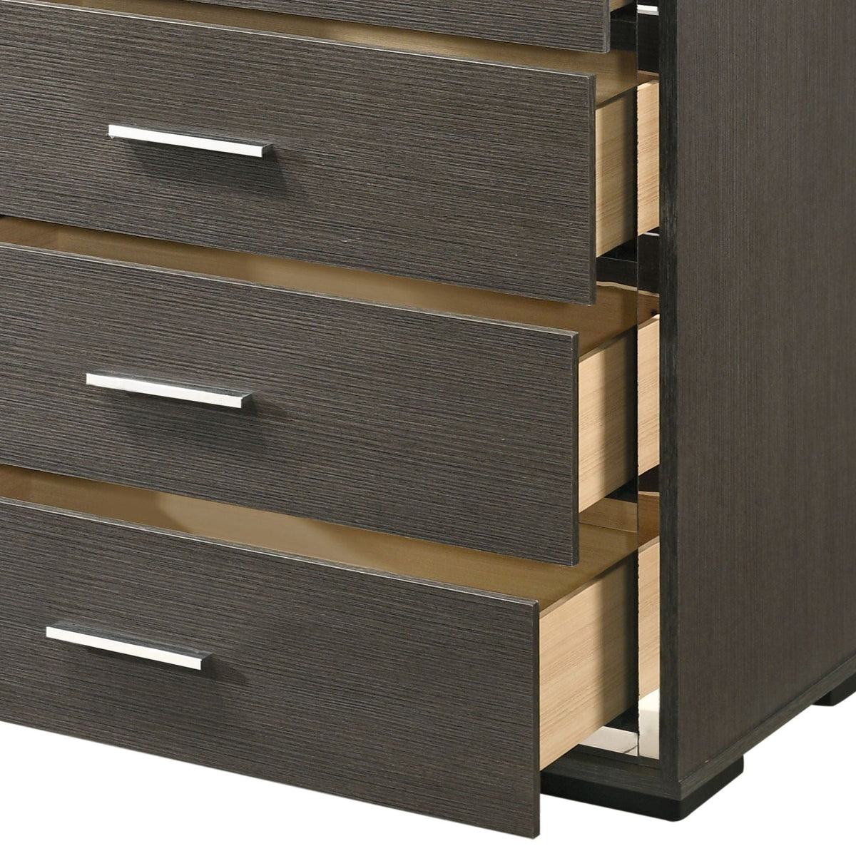 Escher Chest with five dovetail drawers in gray oak finish, dark wood grain, metal bar pulls on Tampa Home & Garden Store