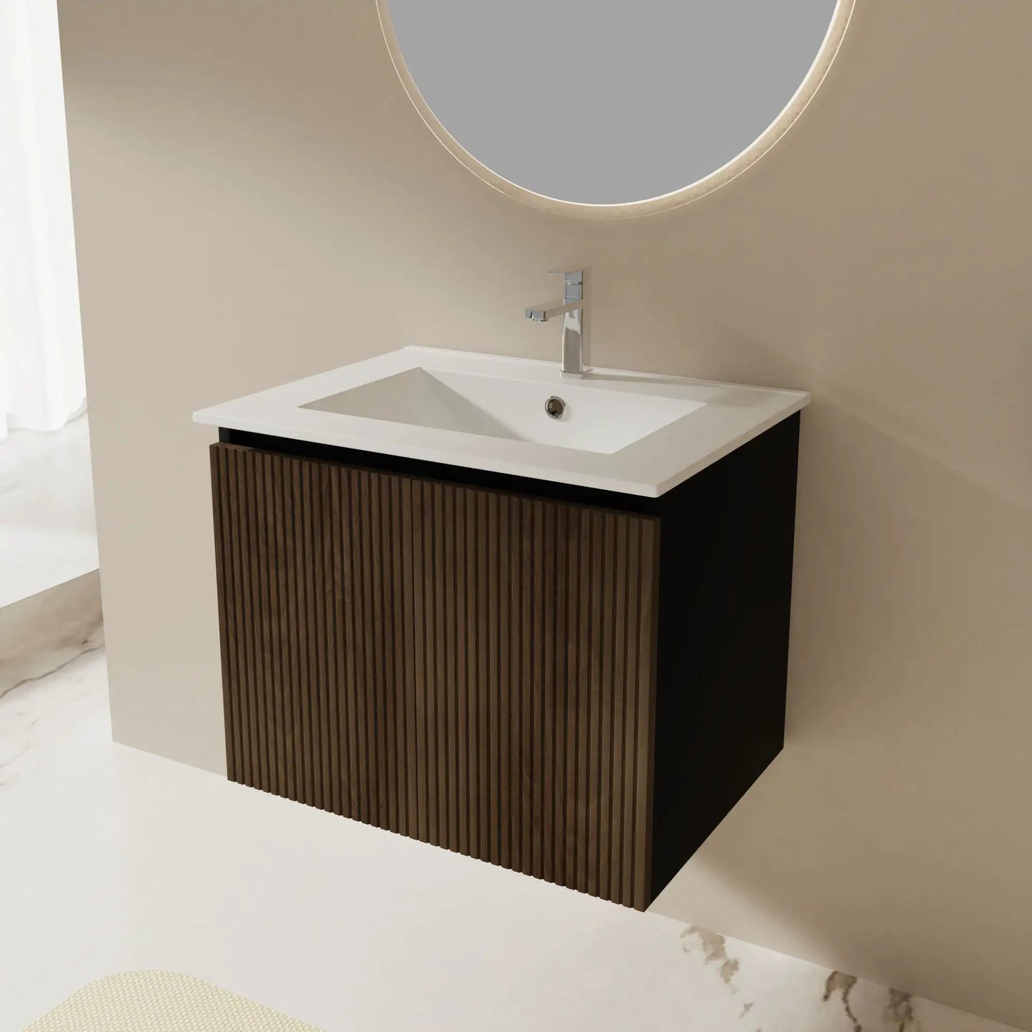 Floating bathroom vanity with towel rack, white top, slat cabinet by Unique Piece Furniture on Tampa Home & Garden Store