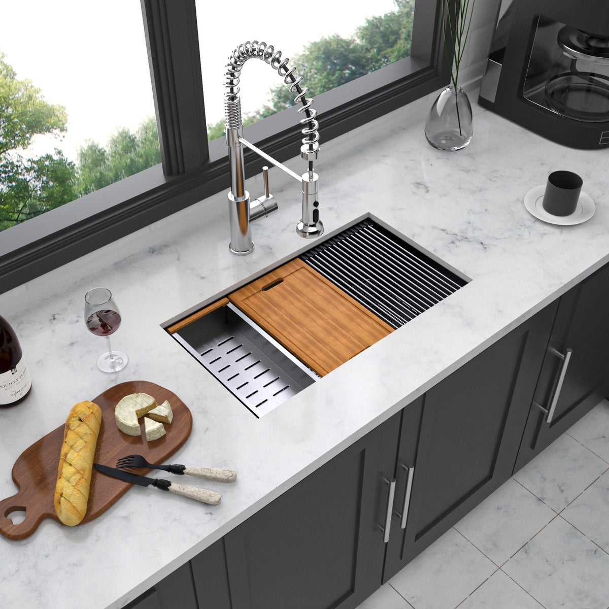 HouseOfZazla workstation sink 30x18x10 undermount single-bowl 16ga gunmetal black with spring faucet on Tampa Home & Garden Store
