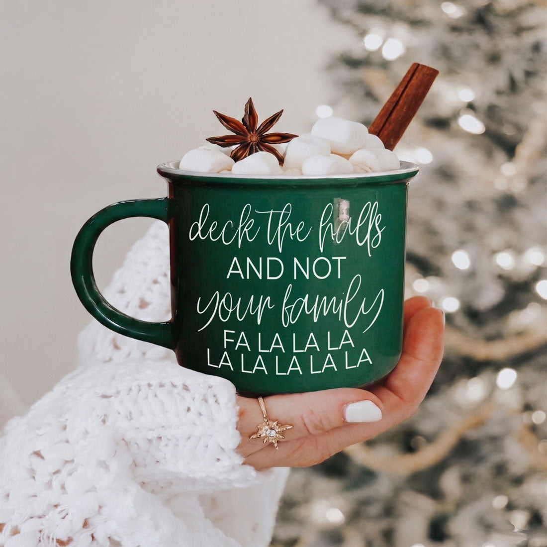 Gia Roma Deck The Halls mug green ceramic coffee mug with marshmallows and cinnamon on Tampa Home & Garden Store