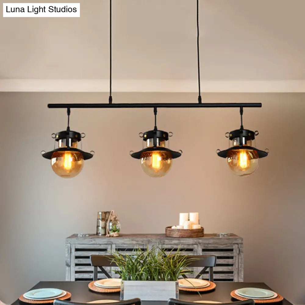 Colgante de isla lineal de 3 luces - Lámpara tradicional de metal negro con pantalla acampanada