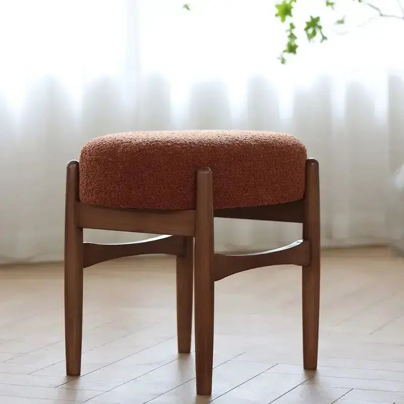 Mid century gray ash wood makeup bench with orange-brown upholstered seat on Tampa Home & Garden Store