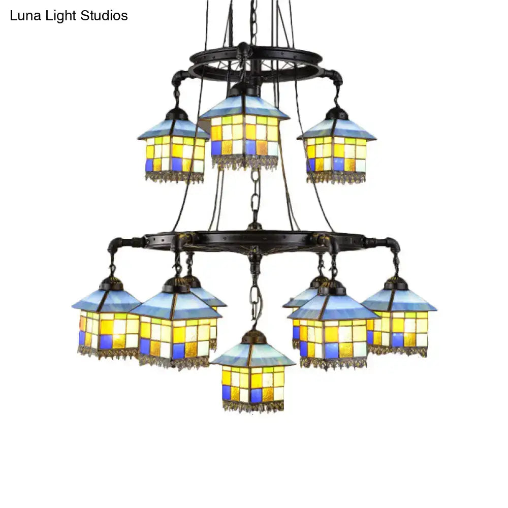 Vintage yellow and blue stained glass chandelier by Decorbites with multishade lamps on iron frame on Tampa Home & Garden Store