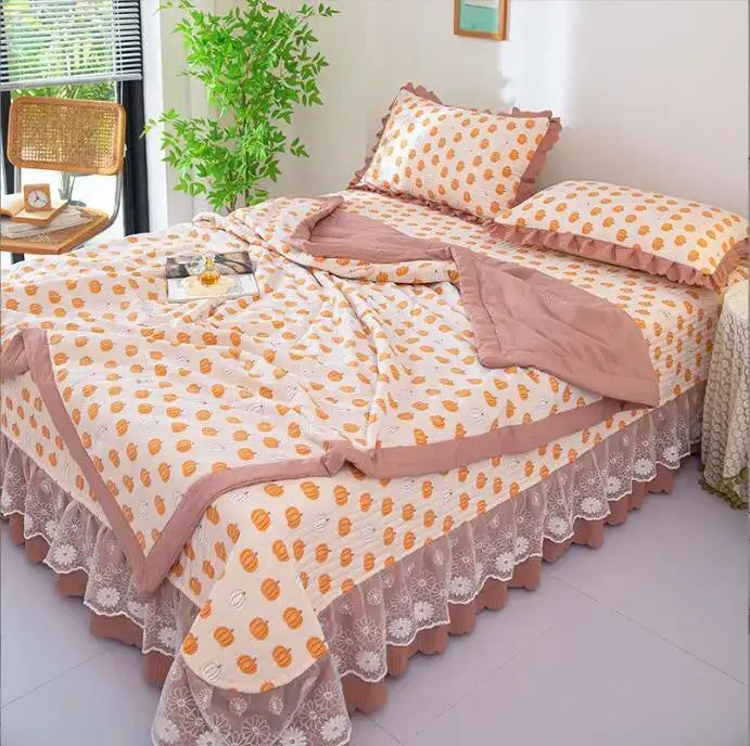 Decorbites Green Patchwork Cotton Bedding duvet cover set with pink border and orange dots lace on Tampa Home & Garden Store