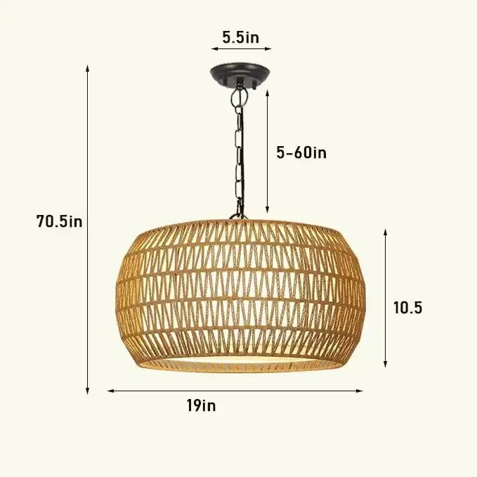 Decorbites Chinese style outdoor rattan pendant light with natural brown woven shade, chain-hung on Tampa Home & Garden Store