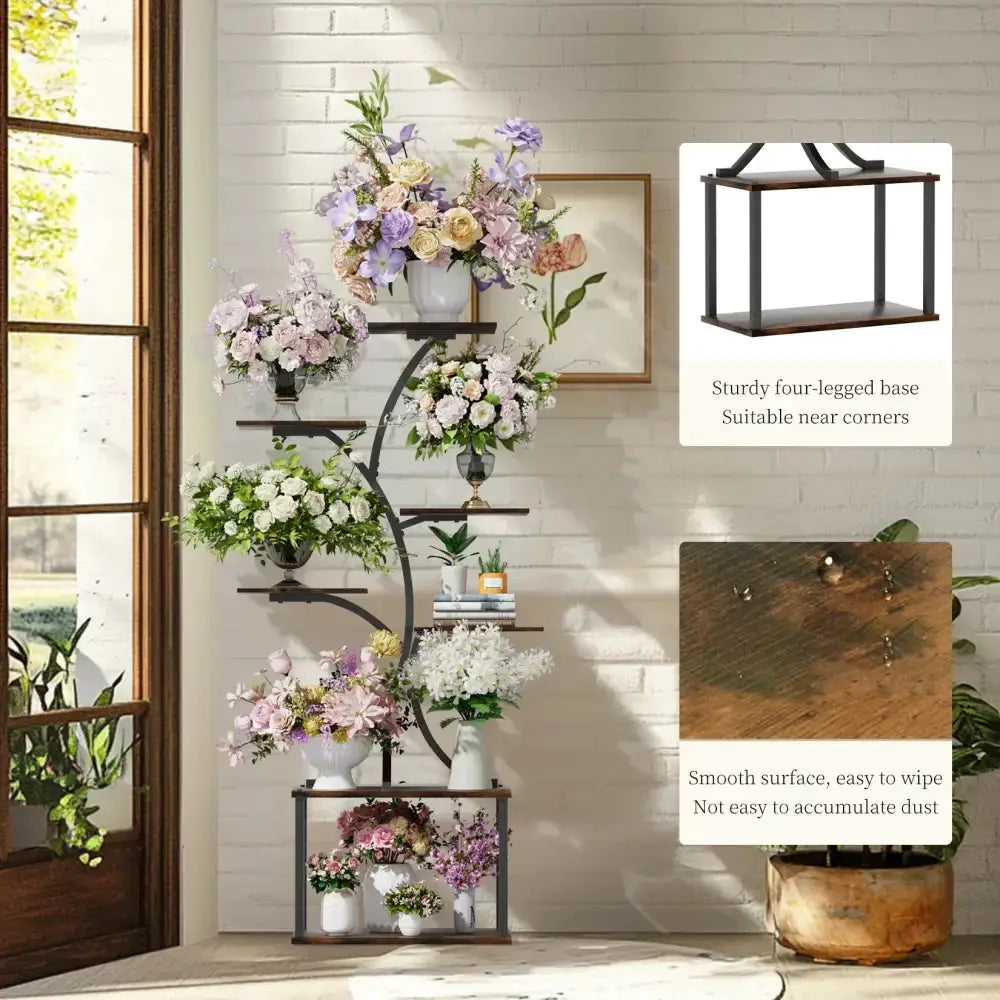 Compact tree-style black metal plant stand with wooden shelves, multi-tier display by Decorbites on Tampa Home & Garden Store
