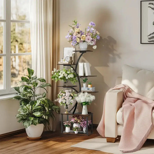 Compact Tree Black Metal Plant Stand With Shelves by Decorbites, black multi‑tier plant display on Tampa Home & Garden Store