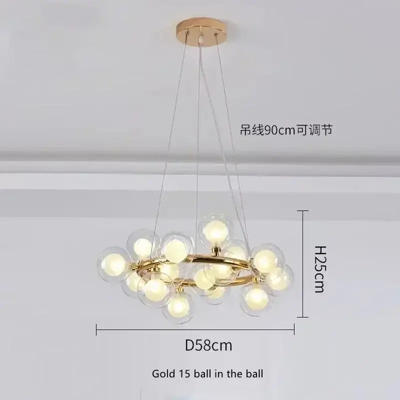 Black Gold Glass Ball Chandelier, gold ring with 15 glass balls, adjustable 90cm suspension on Tampa Home & Garden Store