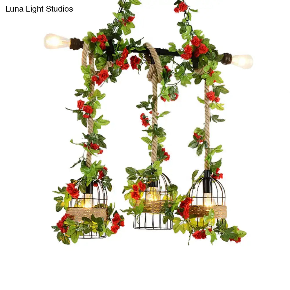 Metal Island Light Fixture pendant trio with rope and wire cages, greenery by Decorbites on Tampa Home & Garden Store