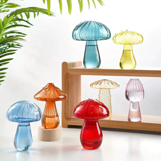Glass mushroom hydroponic planter vase set of colorful mushrooms in blue teal orange red yellow on Tampa Home & Garden Store