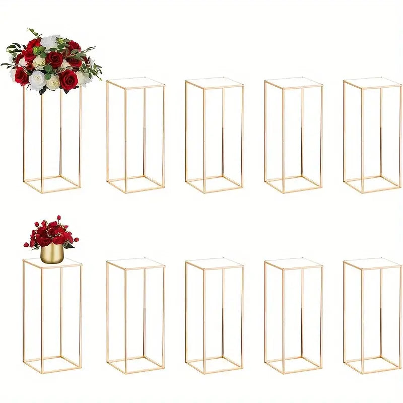 Gold metal vase stand set by Decorbites, slender rectangular frames for floral displays on Tampa Home & Garden Store