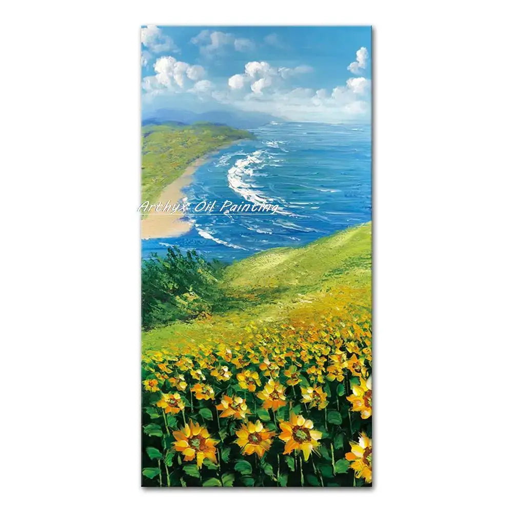 Vibrant autumn city landscape oil painting posters sea, green hills yellow flowers Decorbites on Tampa Home & Garden Store