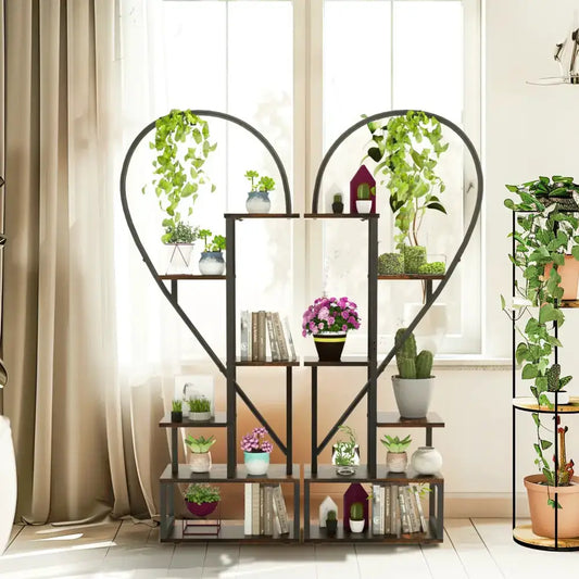Black and wood heart-shaped 6-tier plant stand by Decorbites with shelves and potted plants on Tampa Home & Garden Store