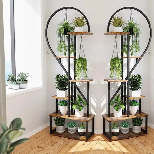 Heart Shaped Wood and Metal Plant Stand 20 Pots, pair of black frames with shelves, Decorbites on Tampa Home & Garden Store