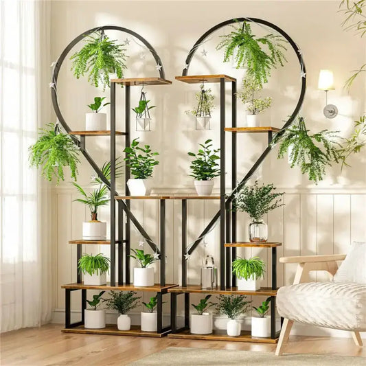 Heart Shaped Wood and Metal Plant Stand Lights with black frame and wooden shelves on Tampa Home & Garden Store