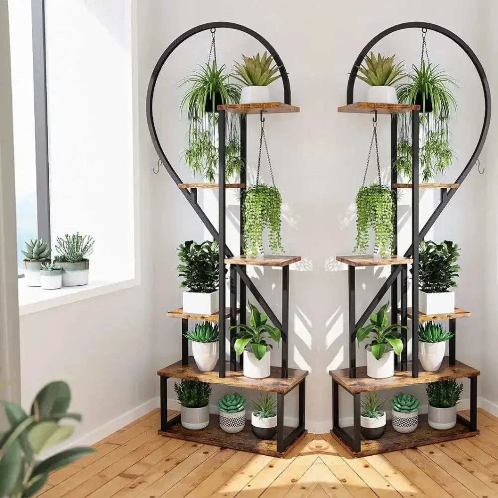 Heart Shaped Wood and Metal Plant Stand Lights by Decorbites with two-tier shelves and greenery on Tampa Home & Garden Store